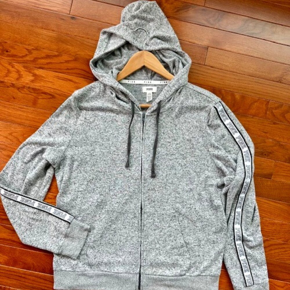 PINK VS Women's Size Large, Zip Up Hoodie w/ logo on sleeves